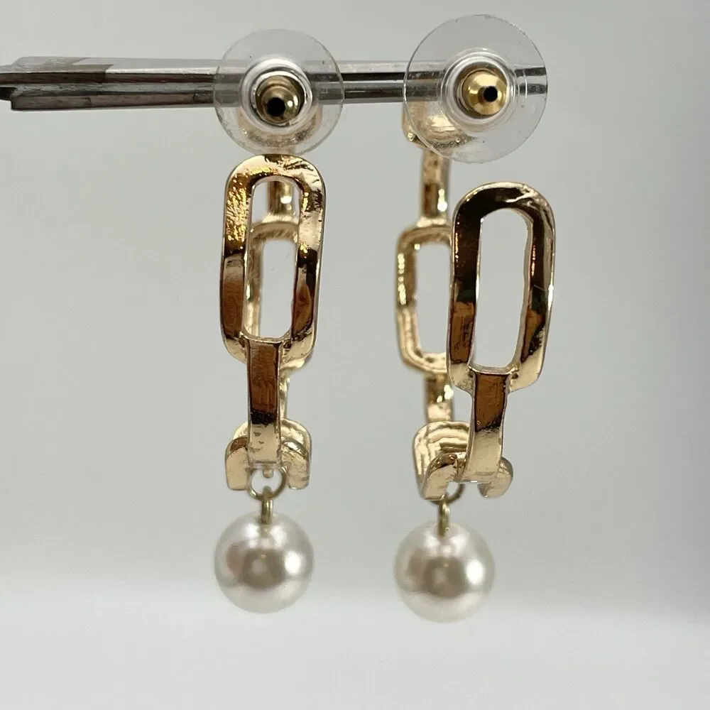 Statement Gold Tone Chain Hoop Faux Pearl Dangle Earrings Boho Fashion Boho